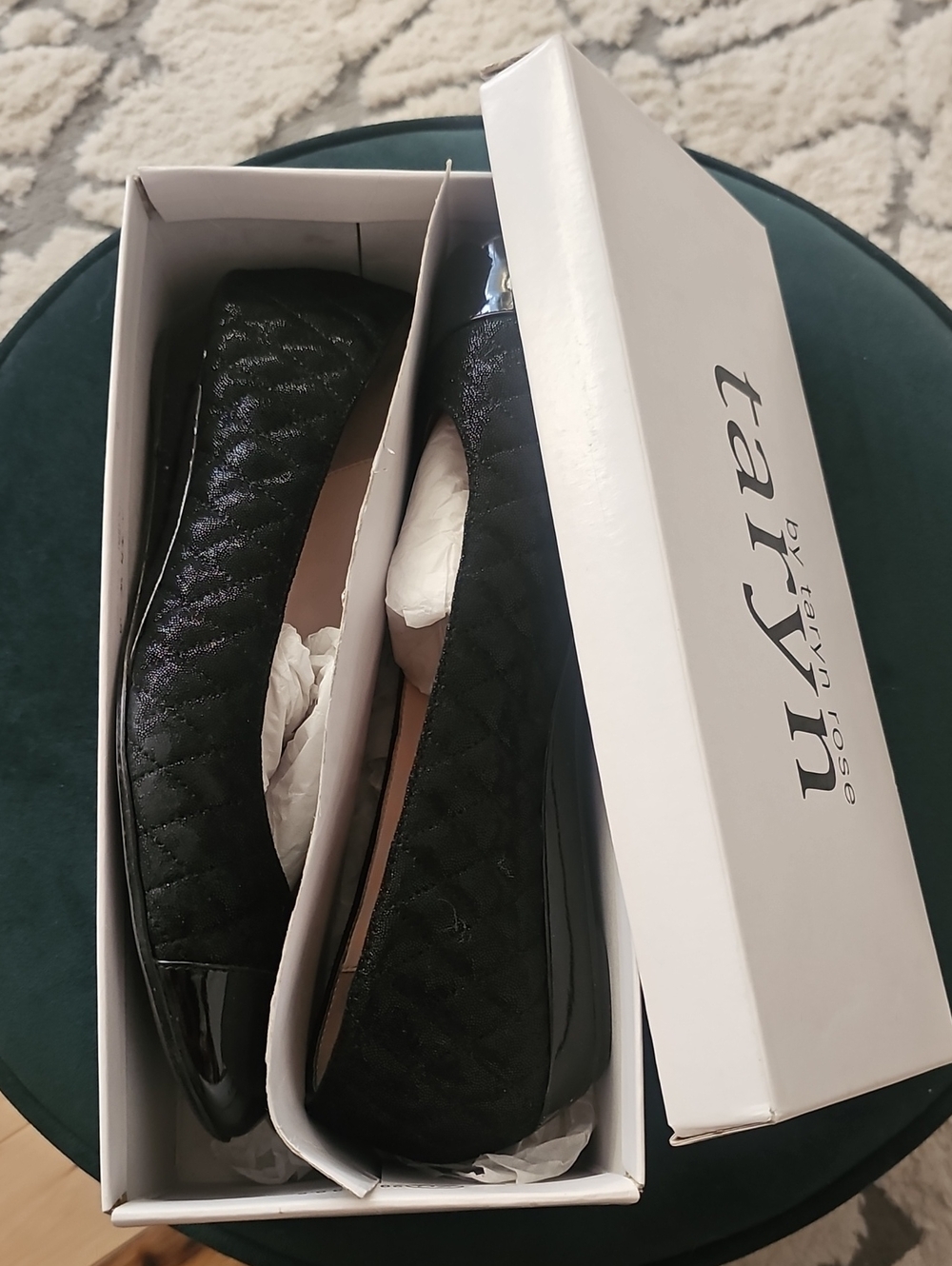 Taryn Rose Black Quilted Ballet Flats with Patent Cap Toe